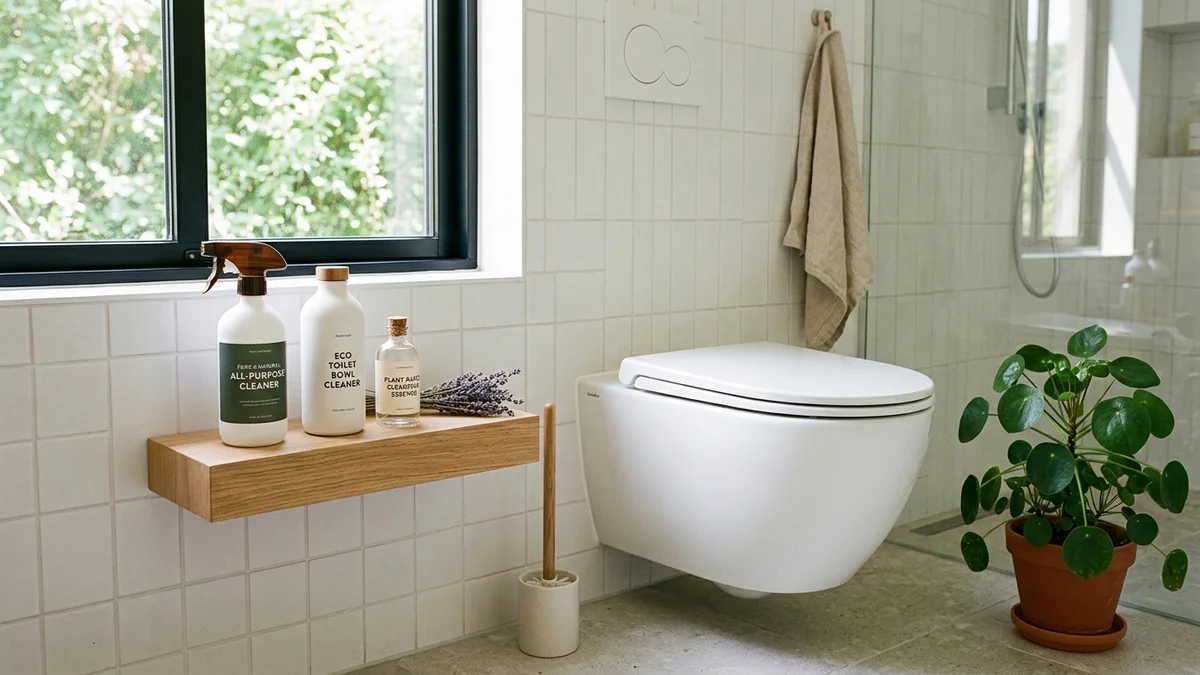 Non-toxic toilet bowl cleaner bottles next to a clean white toilet