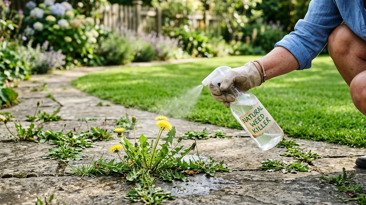 Non-toxic weed killer being sprayed on weeds growing between patio pavers