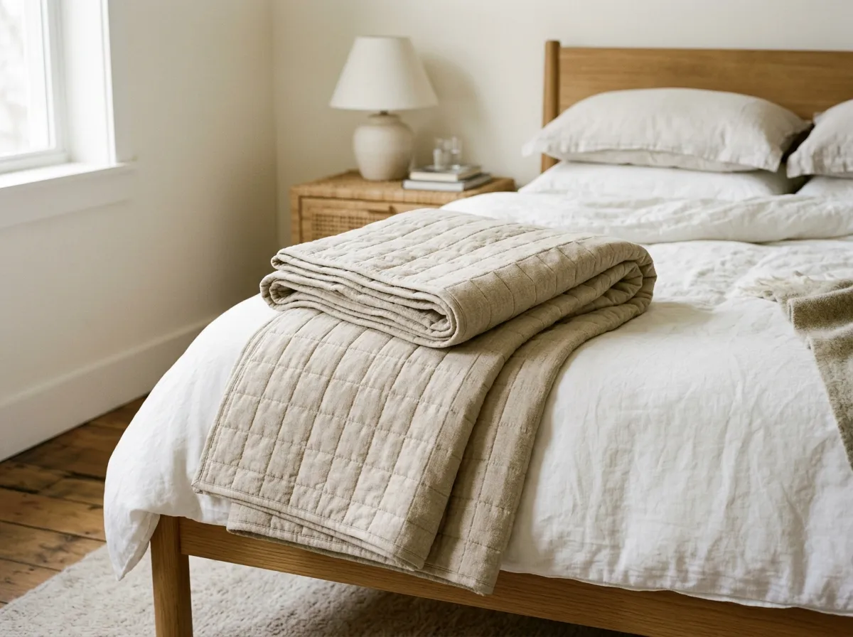 Organic cotton weighted blanket draped over a couch in a bright living room