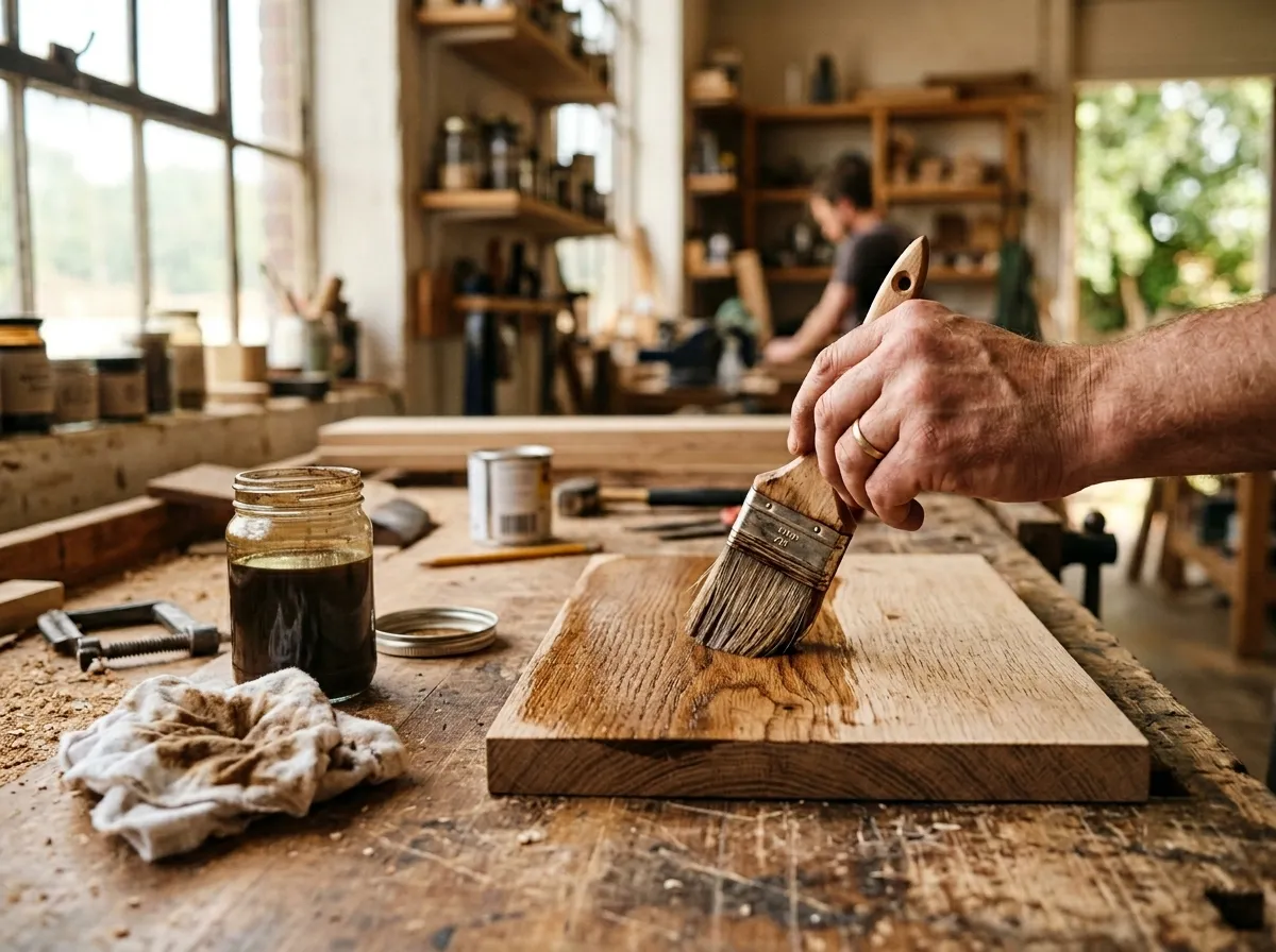 Hand applying natural non-toxic wood stain to a hardwood surface