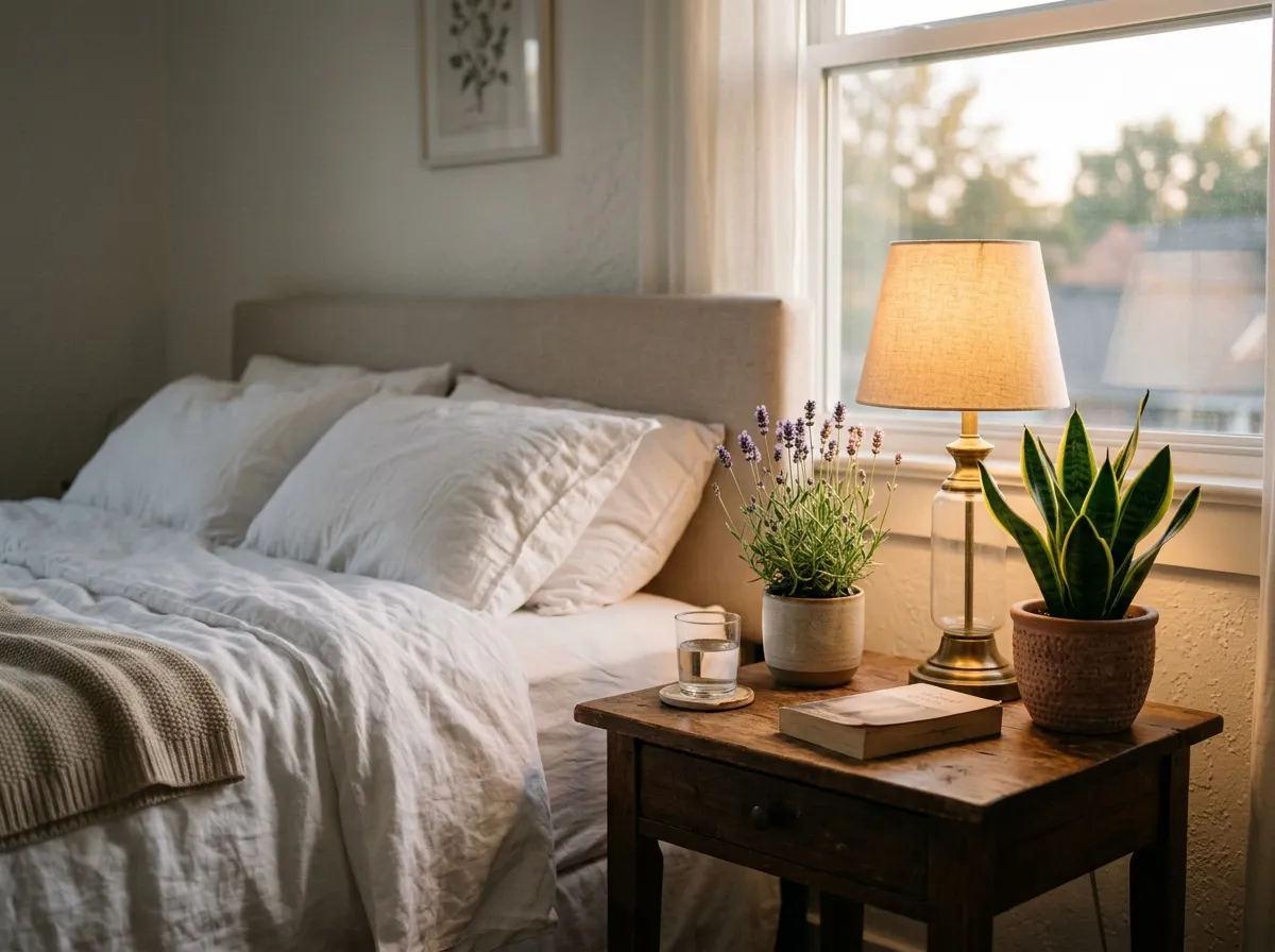 Snake plant and peace lily on a bedroom nightstand next to a bed with organic bedding