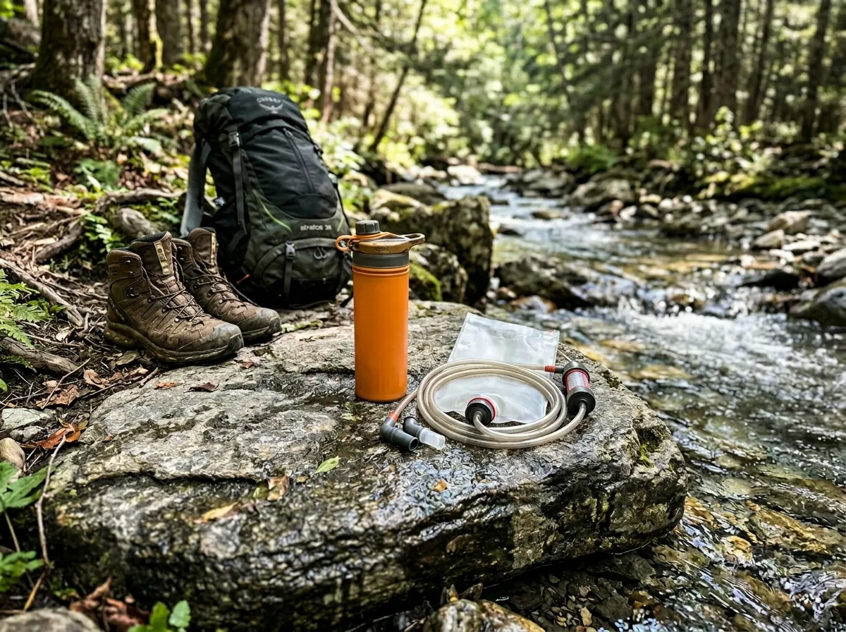 Portable water filter bottles lined up on a travel pack