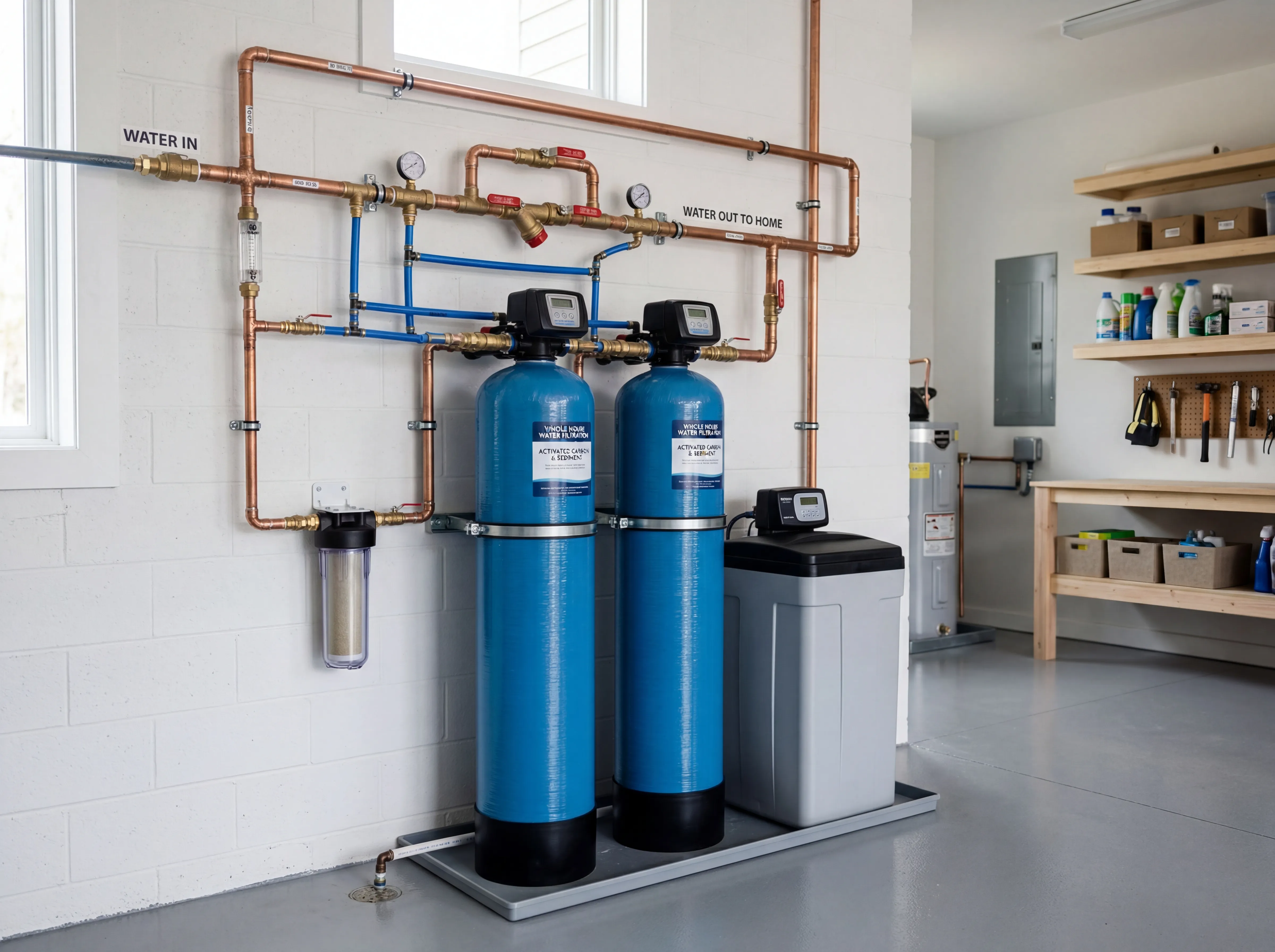 Whole house water filter system installed in utility room