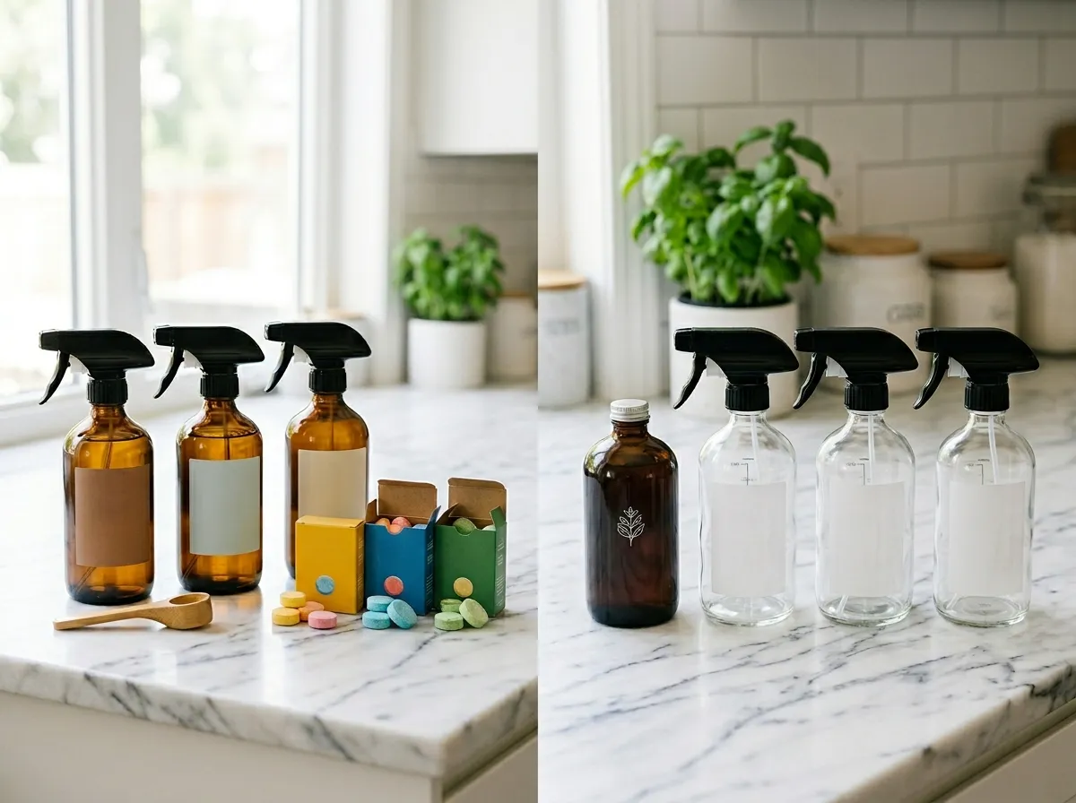 Blueland cleaning tablets and Branch Basics concentrate bottles side by side on a kitchen counter