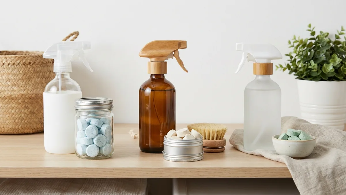 Blueland cleaning tablets, Branch Basics concentrate bottle, and Dropps pods arranged on a marble countertop
