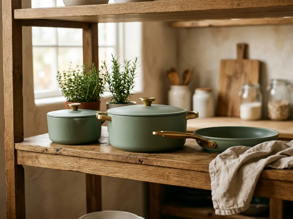 Caraway frying pan and Our Place Always Pan on a kitchen countertop