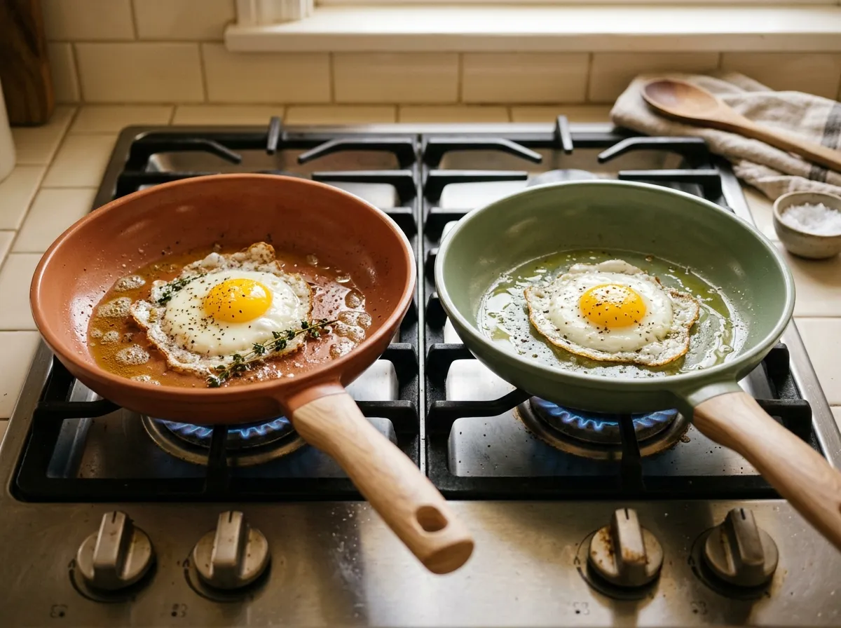 Three ceramic non-toxic cookware sets side by side on a kitchen counter