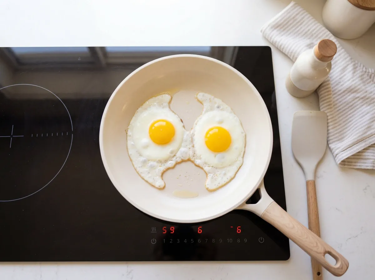 Colorful ceramic-coated pan on a stovetop with wooden utensils nearby