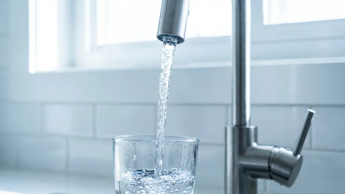Glass of clear tap water being filled from a kitchen faucet