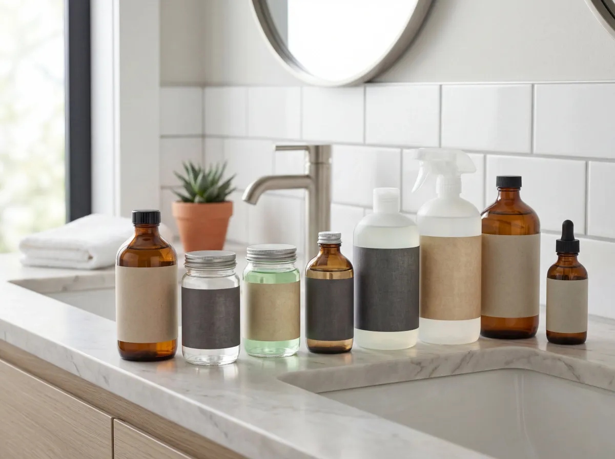 Bottle of plant-themed cleaning spray on a kitchen counter next to fresh herbs