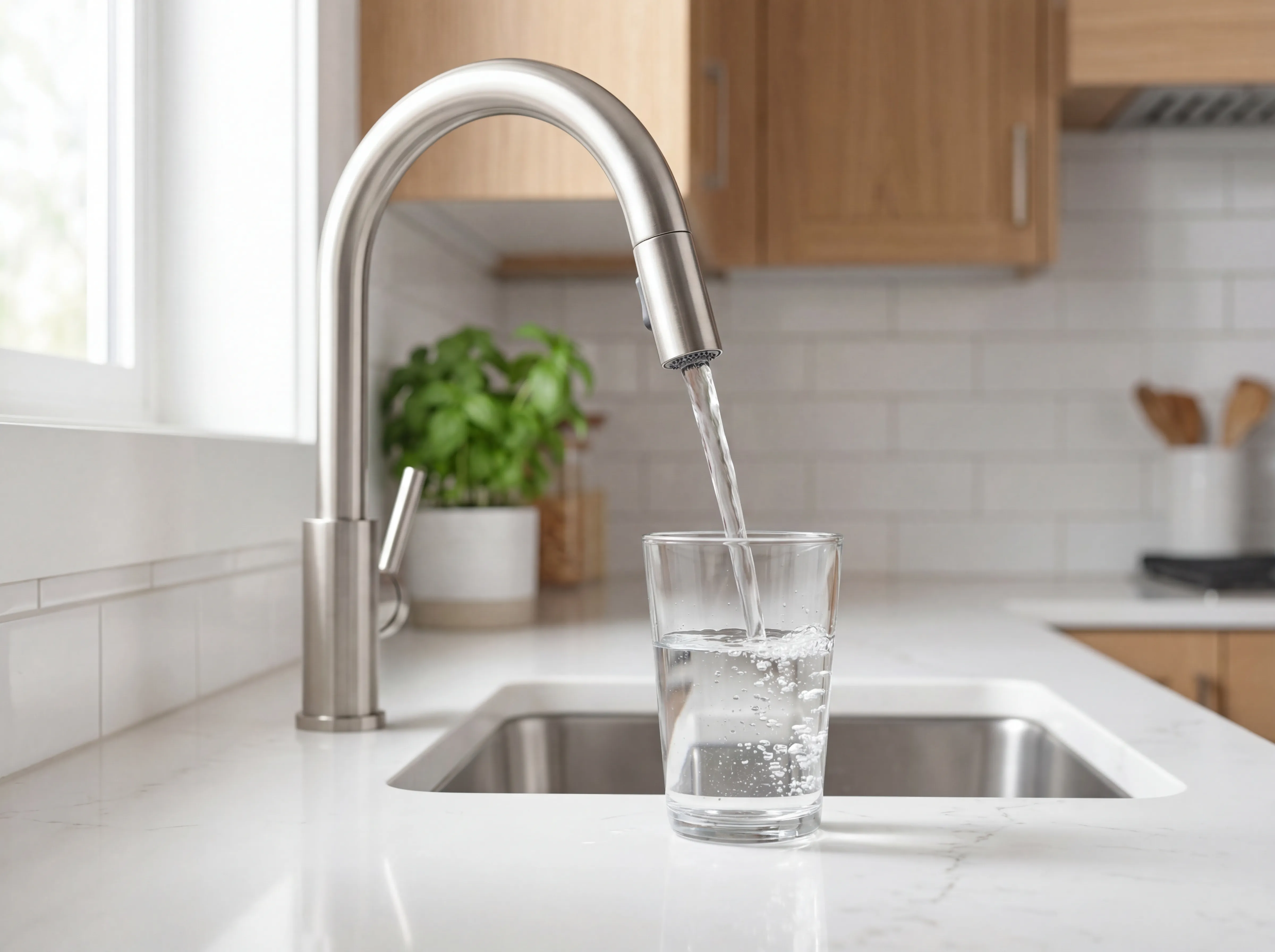 Clear water flowing from kitchen faucet