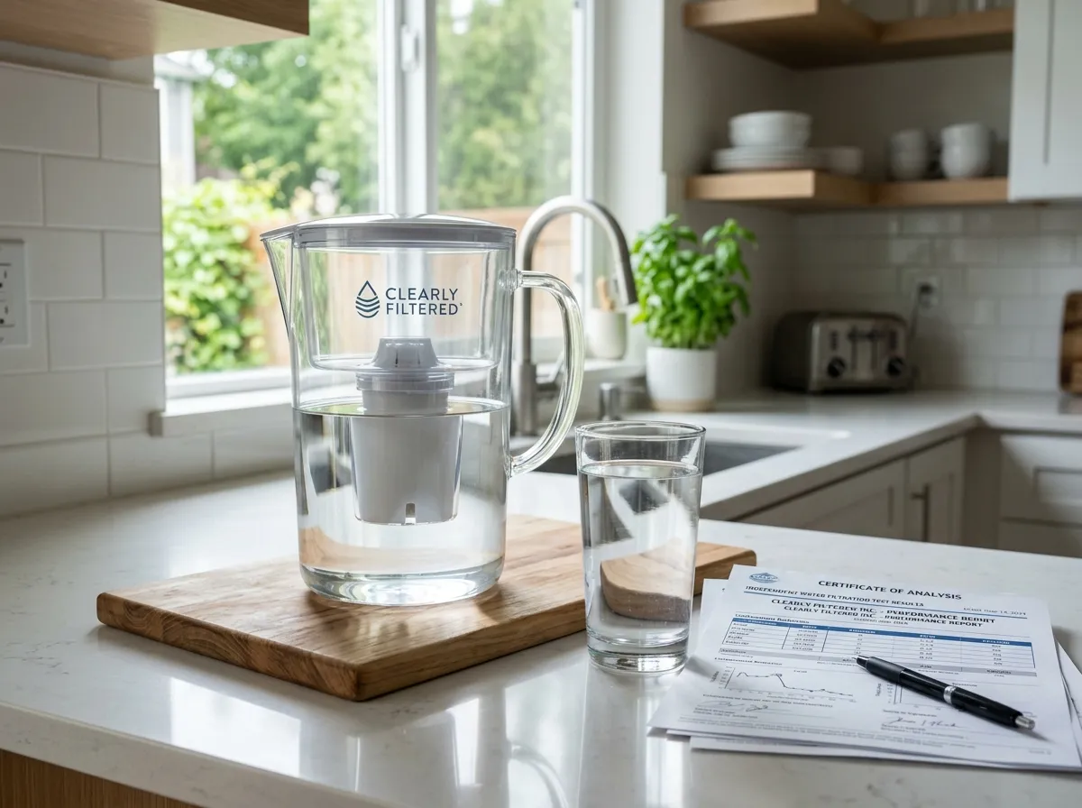 Clearly Filtered water pitcher on a kitchen counter next to a glass of filtered water