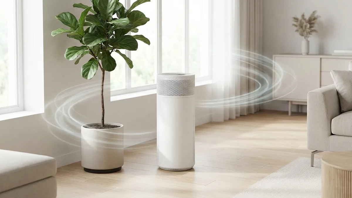 Coway Airmega 400S air purifier on a hardwood floor in a living room with houseplants