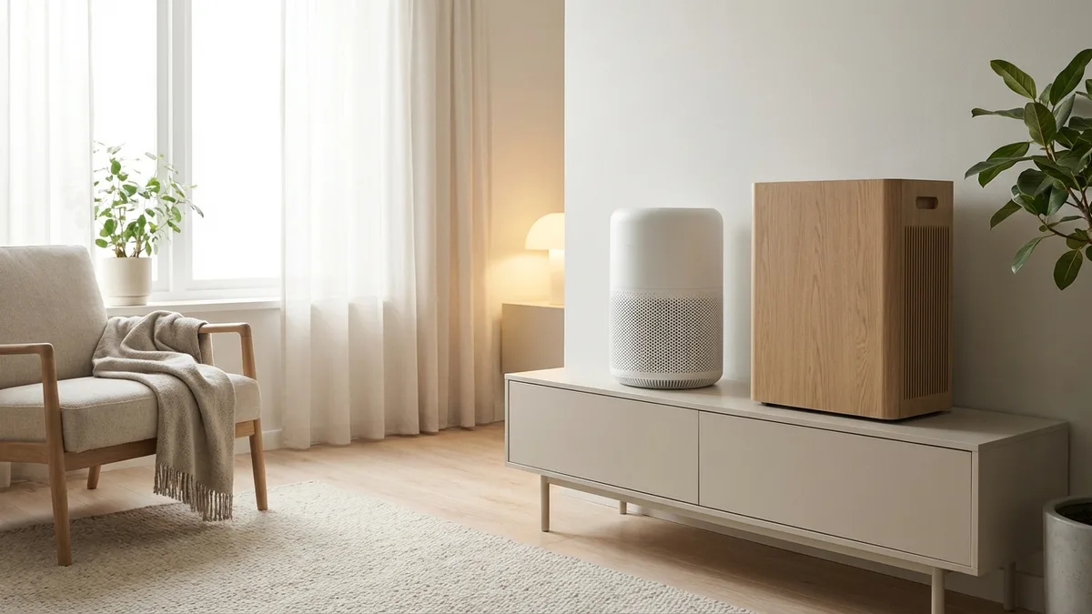 Coway Airmega and Blueair air purifiers in a bright living room next to a window