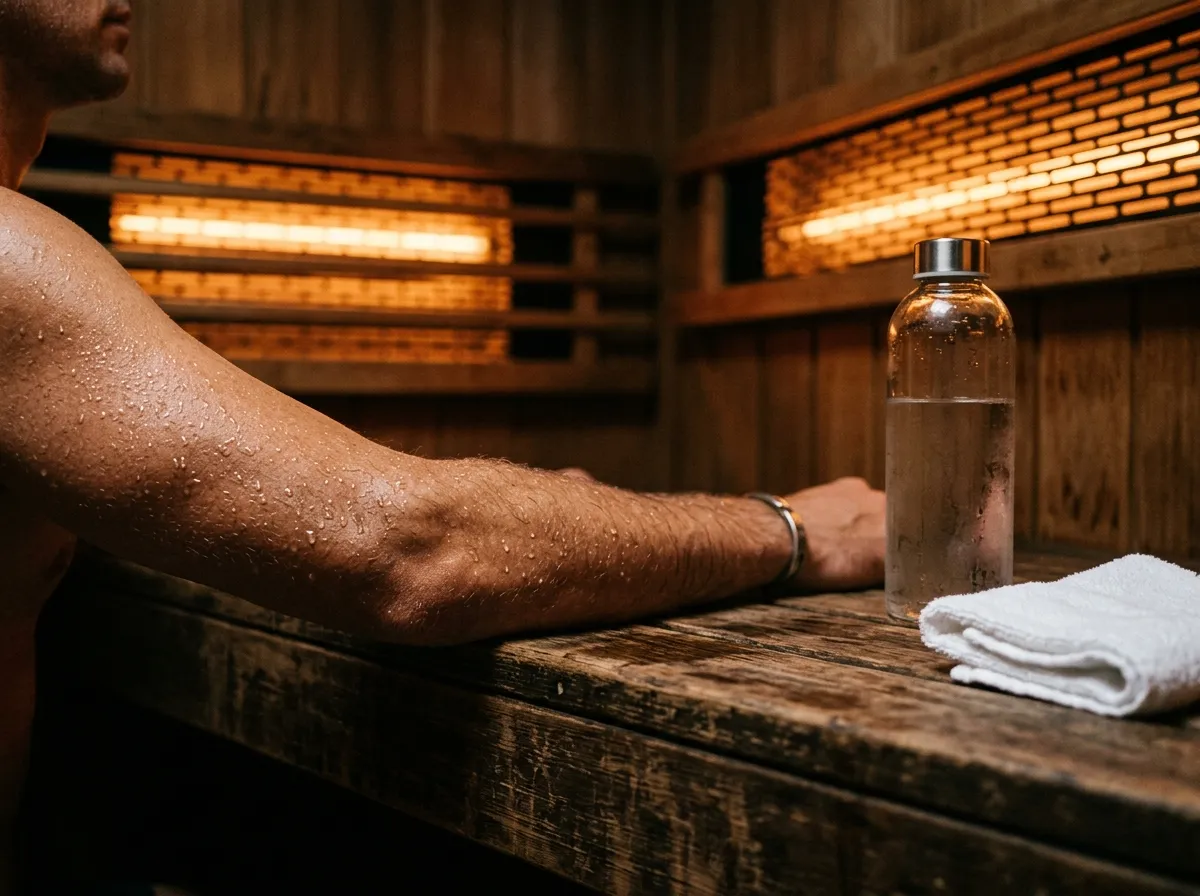 Person in a sauna with scientific overlay showing sweat composition