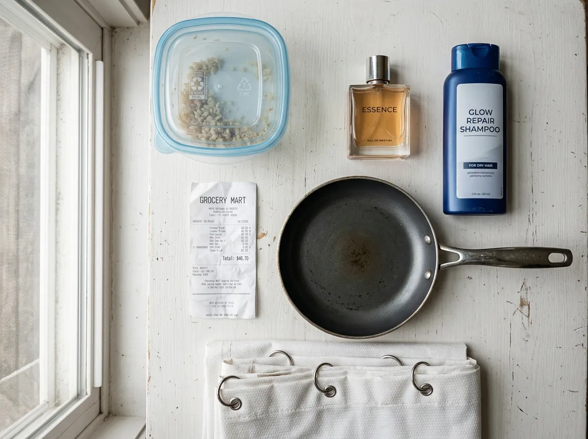 Household products containing endocrine-disrupting chemicals arranged on a bathroom shelf