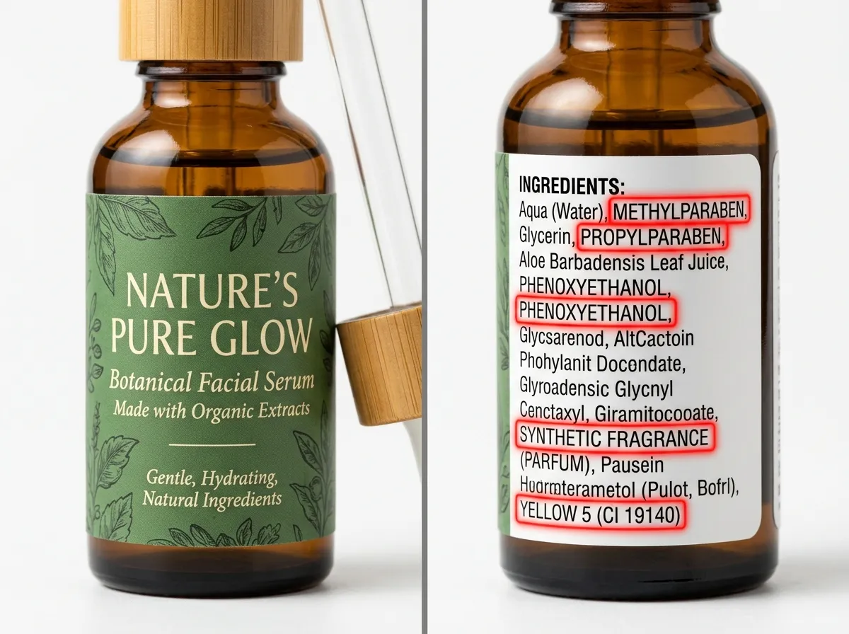 Product labels showing vague marketing claims like natural, clean, and pure next to ingredient lists