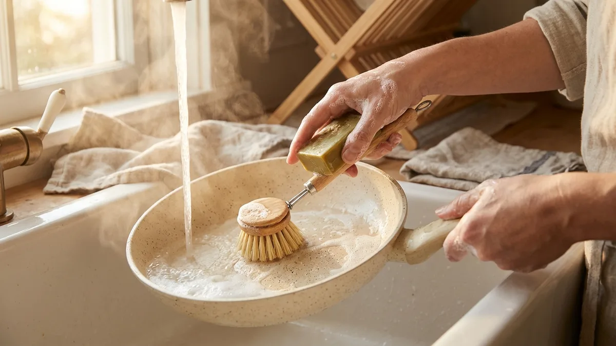 Ceramic pan, cast iron skillet, and stainless steel pot arranged on a wooden countertop