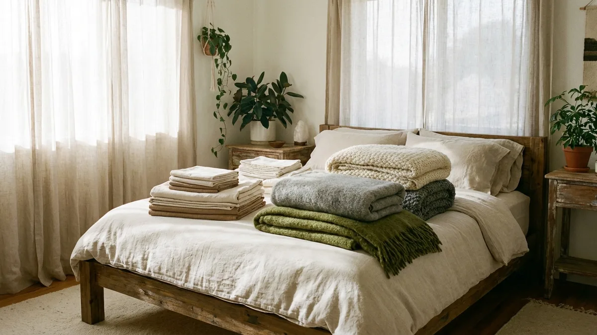 Stack of folded organic cotton and linen sheets on a bed with a wool blanket