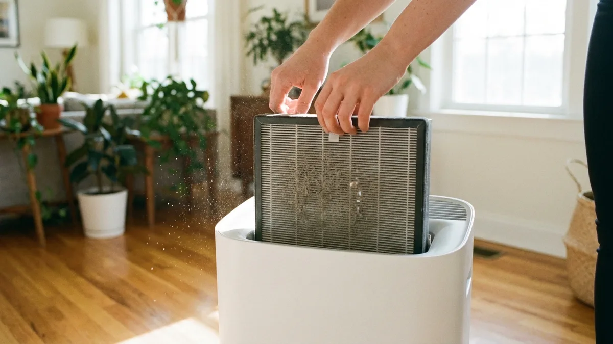 Hands removing a HEPA filter from an air purifier unit on a living room floor