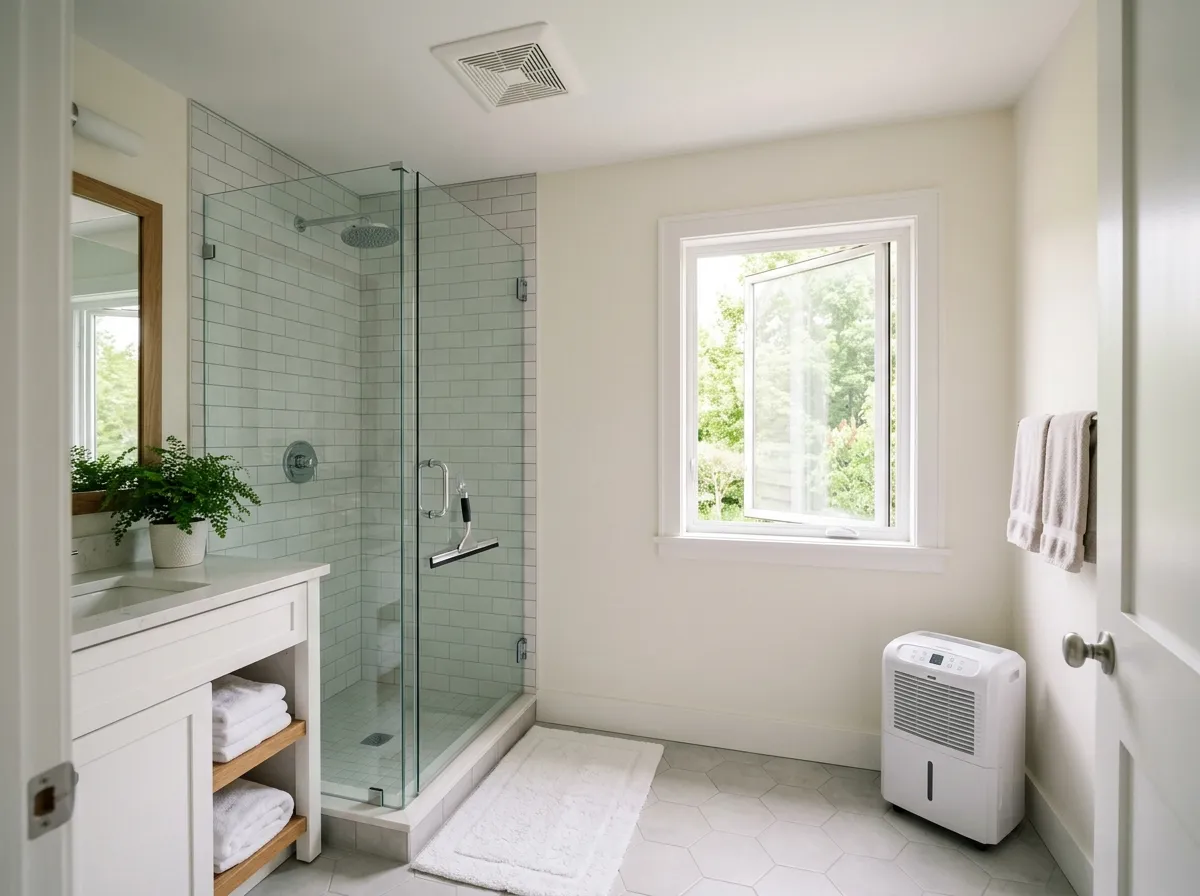 Spray bottle with natural cleaning solution next to houseplants and a dehumidifier in a bright bathroom
