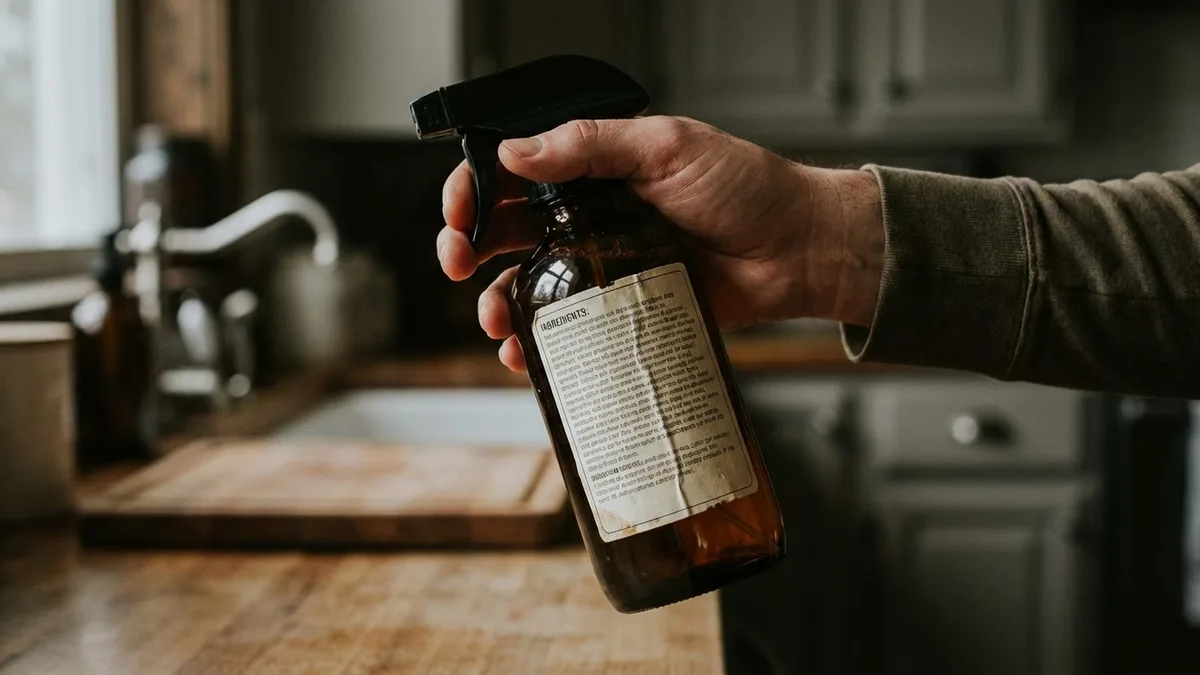 Close-up of the back label on a cleaning product bottle showing ingredient list and warnings