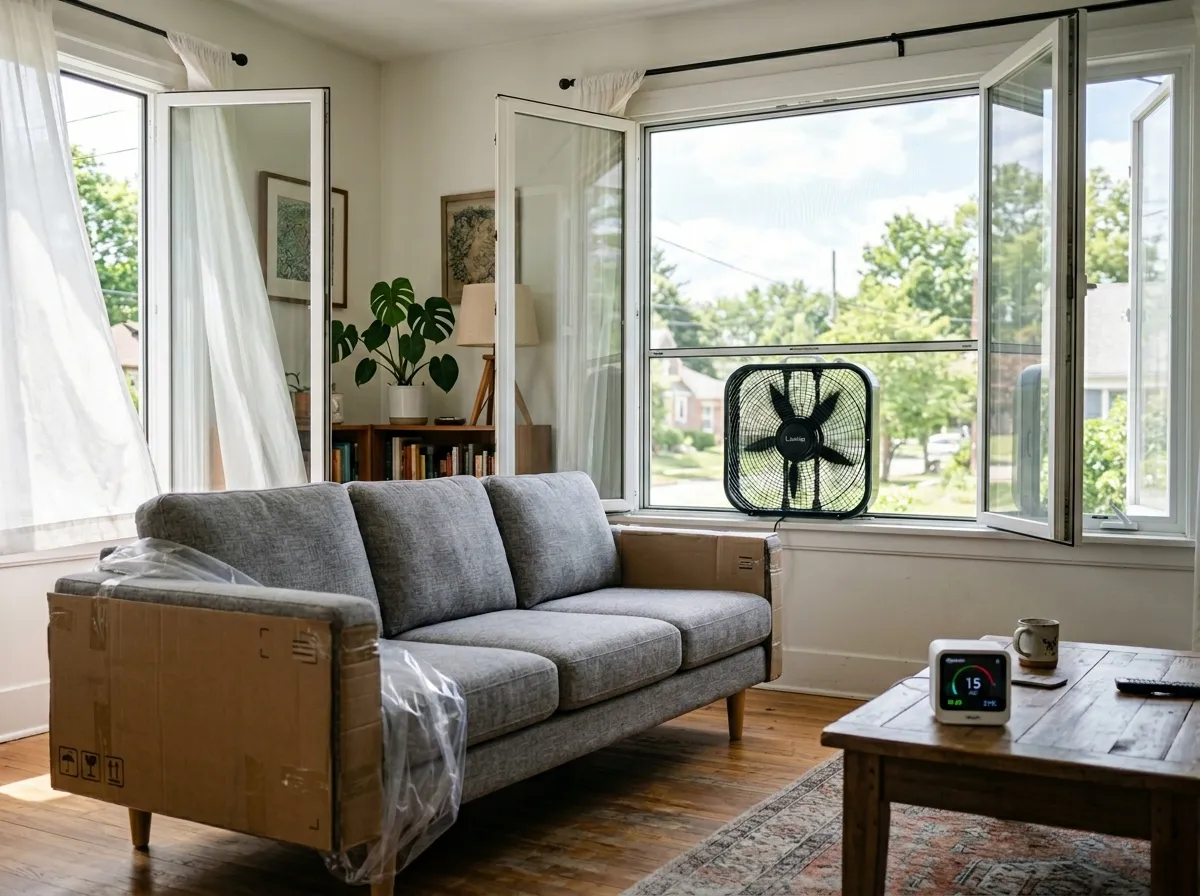 Open windows in a newly constructed home with an air purifier running in the living room