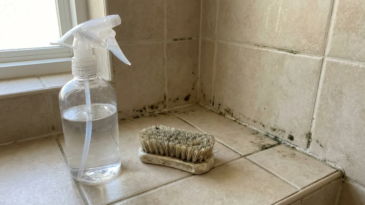 Spray bottle and cleaning brush on a bathroom tile surface with visible mold in grout