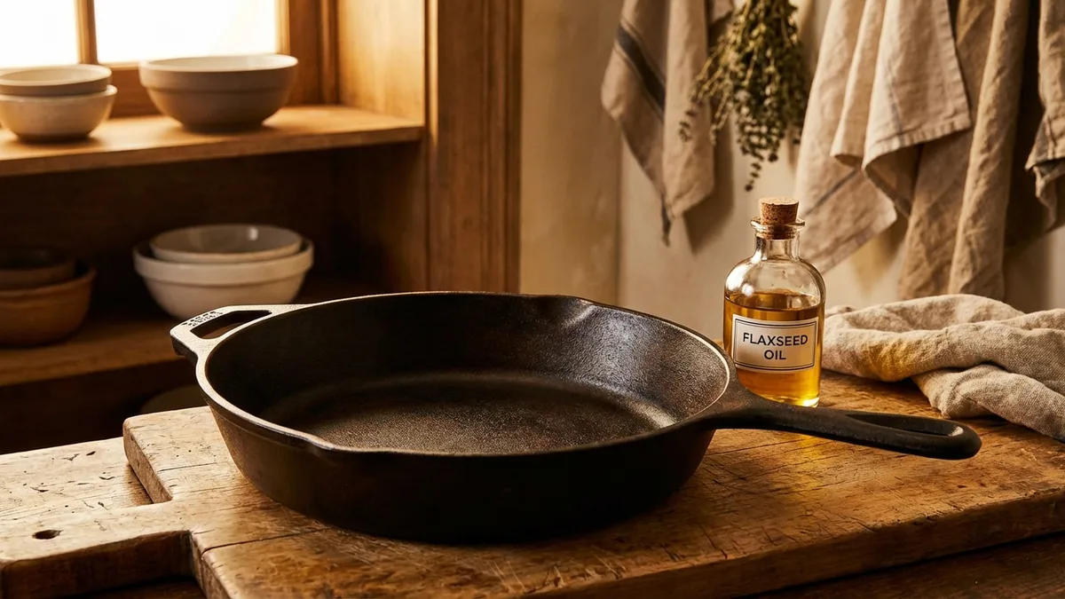 Well-seasoned cast iron skillet on a kitchen counter with a bottle of oil beside it