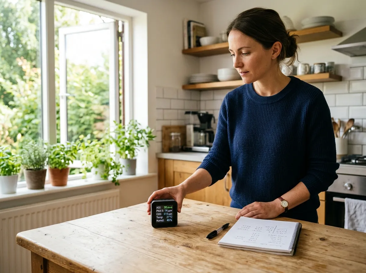 Indoor air quality monitor displaying readings on a kitchen counter