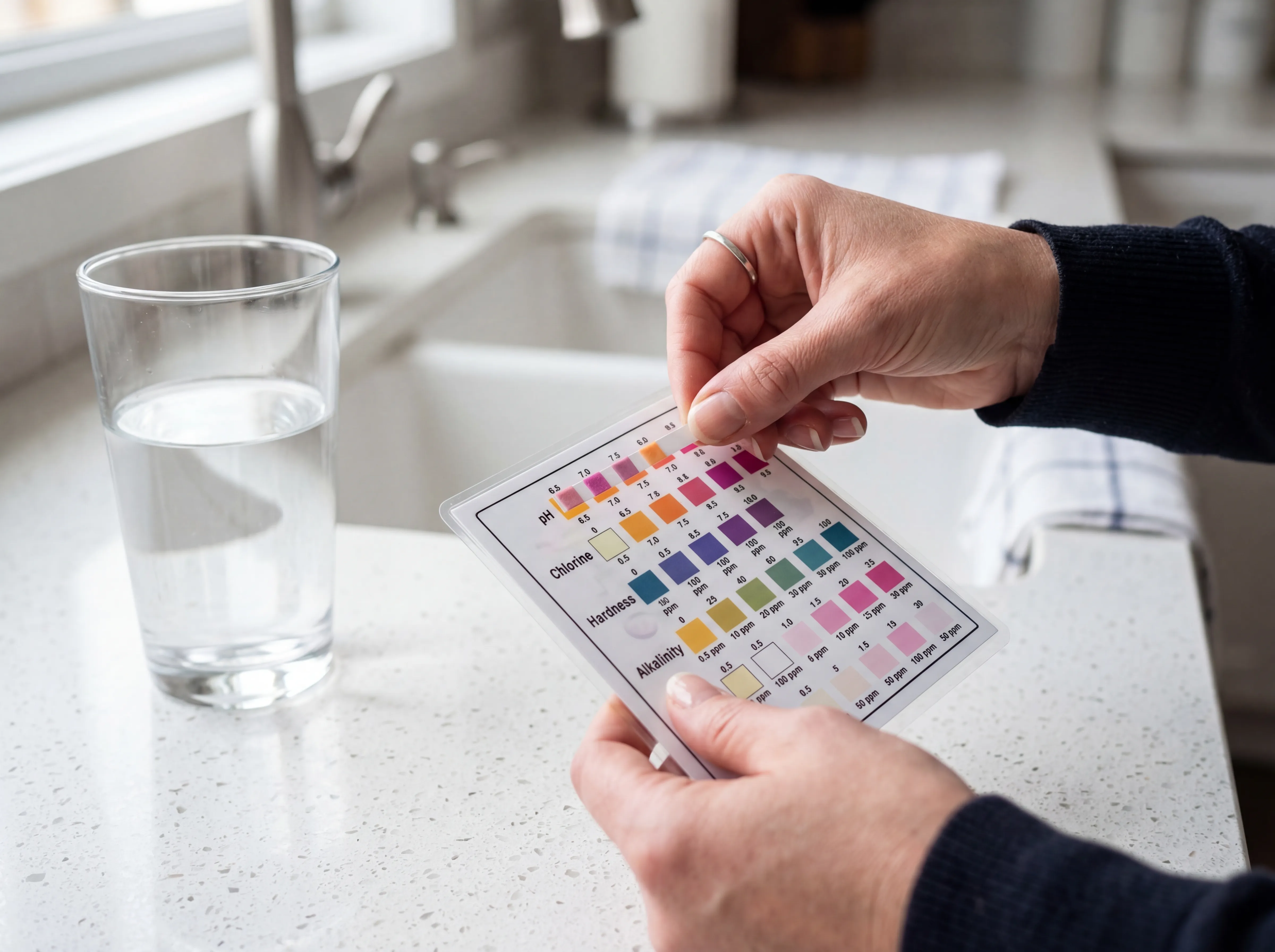 Home water quality testing kit in use