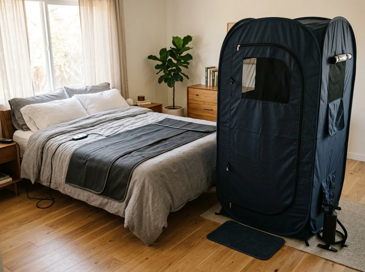 Sauna blanket and portable tent sauna side by side in a home setting