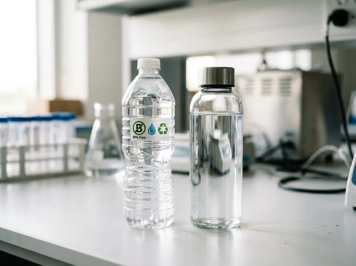 Plastic water bottle with BPA-free label under magnifying glass