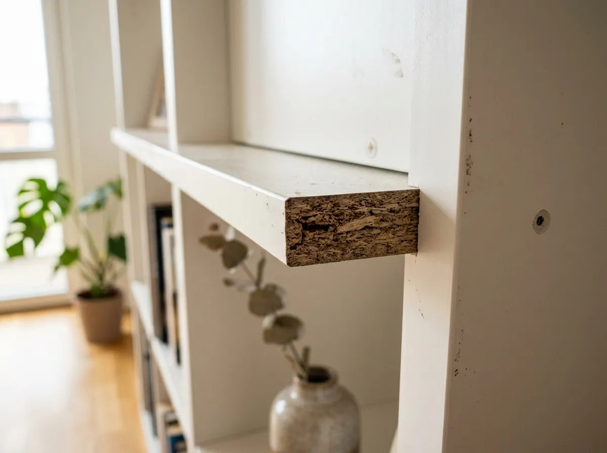 Close-up of IKEA-style particle board bookshelf showing layered pressed wood interior
