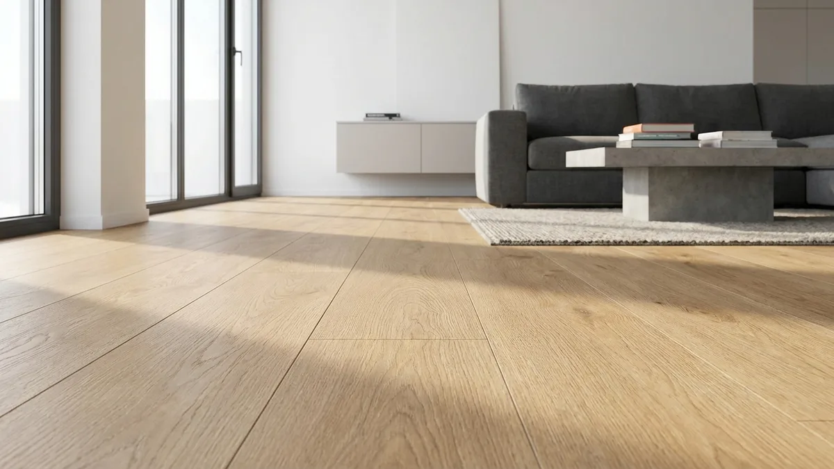 Laminate flooring planks being installed in a bright living room
