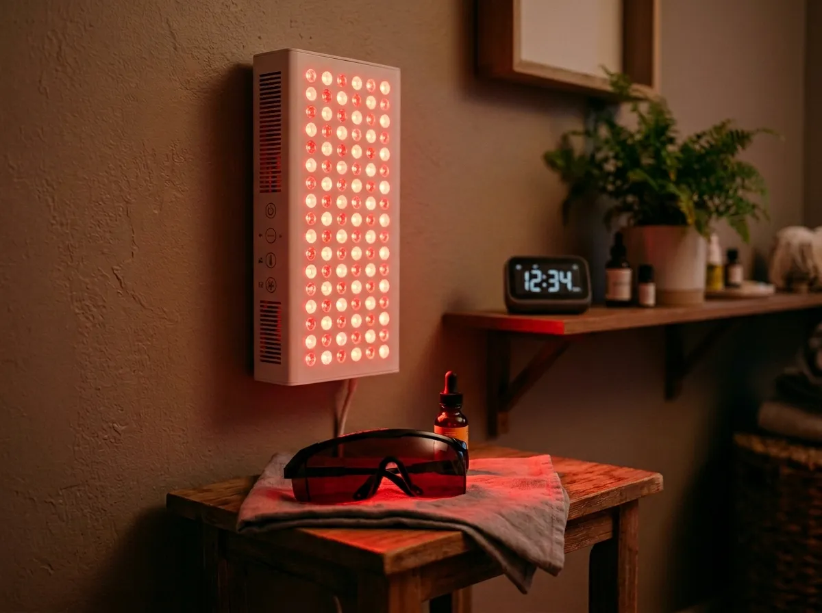 Person using a red light therapy panel at home with protective goggles