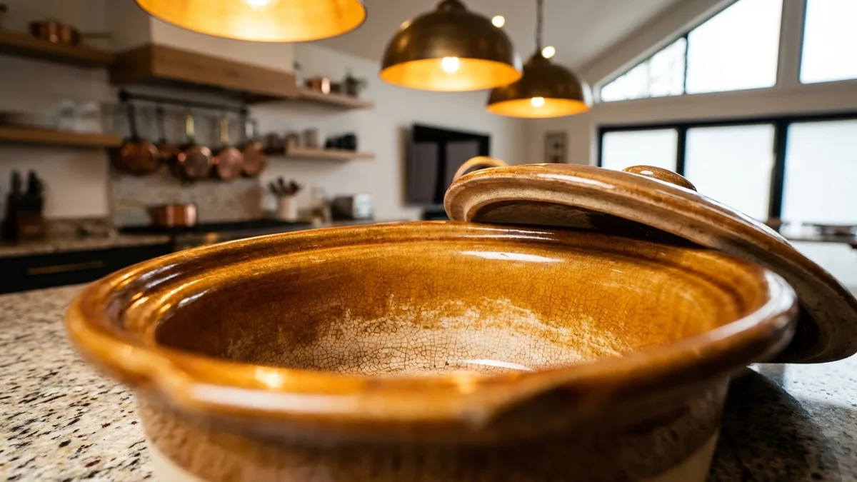 A ceramic slow cooker insert with a ladle resting on the counter