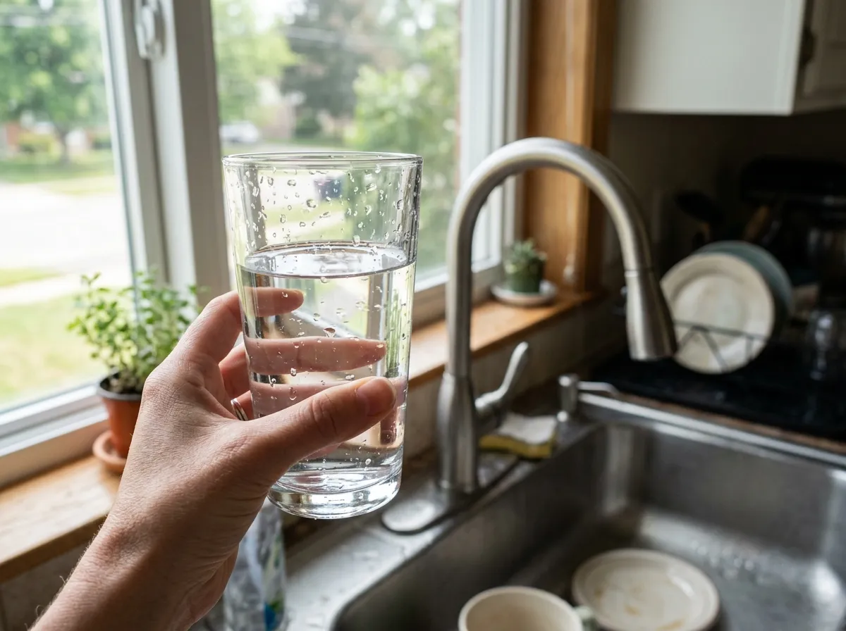A glass of tap water being filled from a kitchen faucet