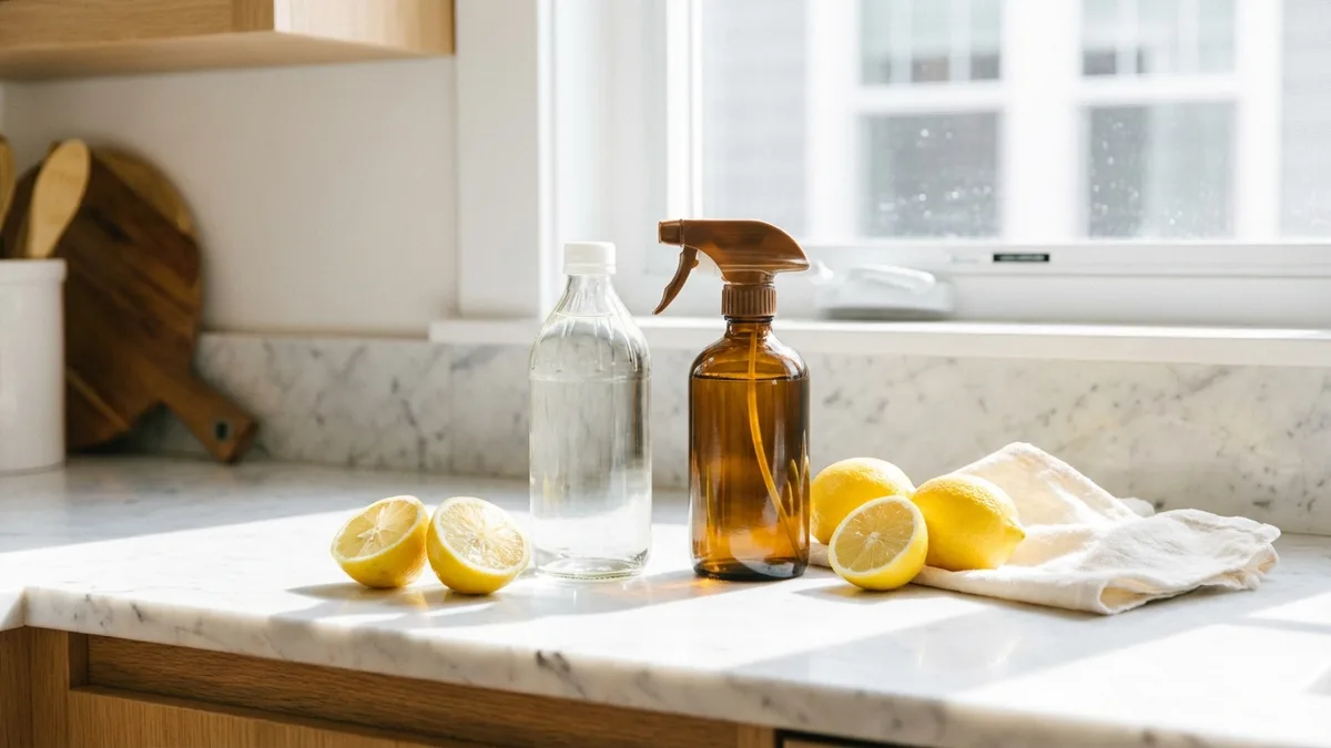 Bottle of white vinegar next to a spray bottle on a kitchen counter