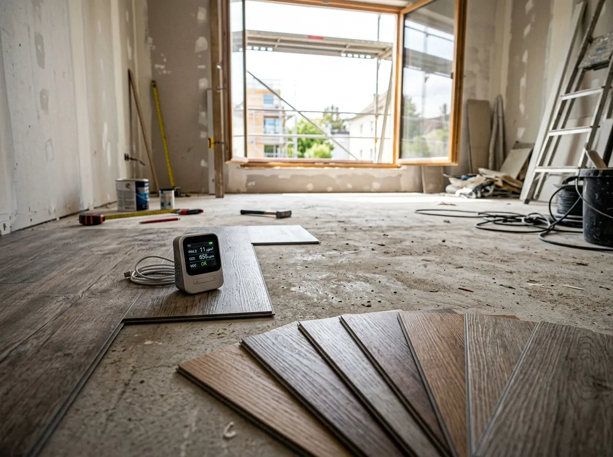 Close-up of vinyl plank flooring with chemical safety testing concept