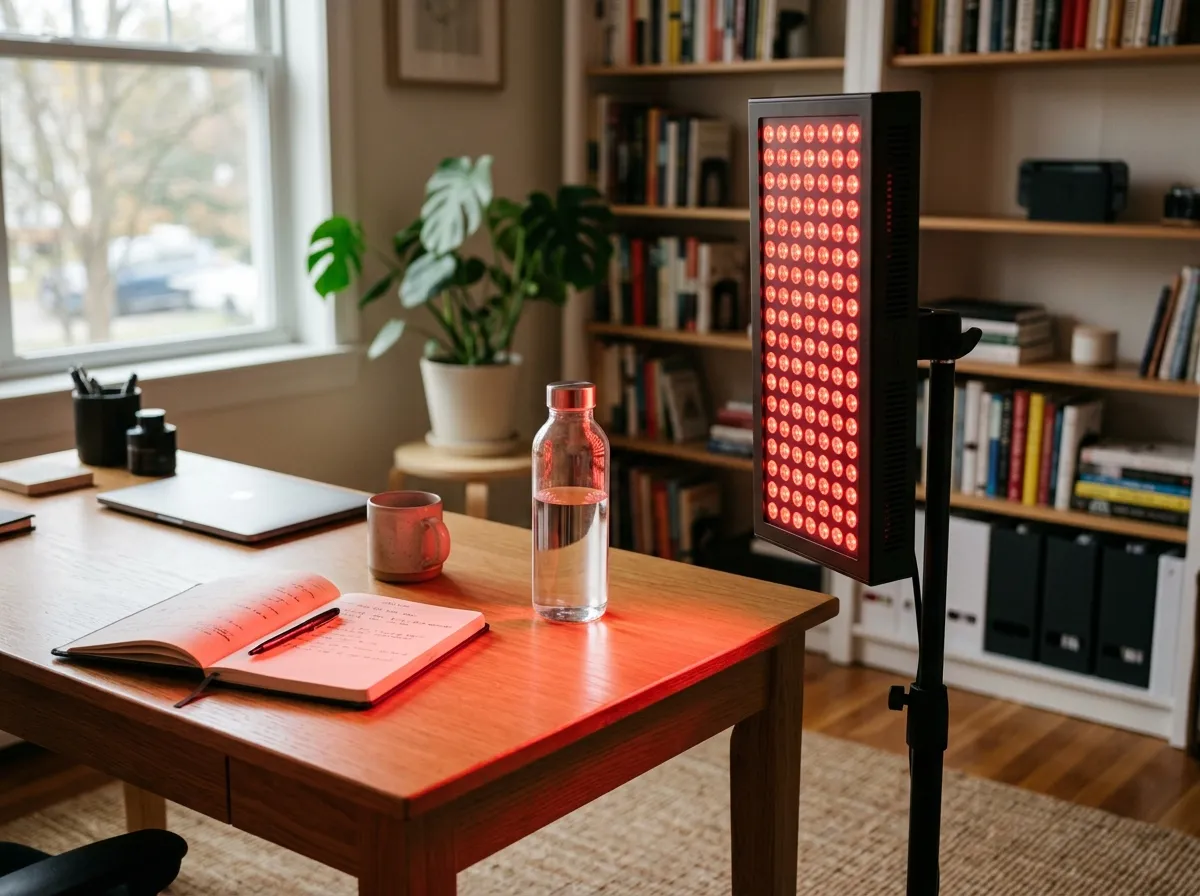 Mito Red Light MitoPRO panel mounted on a door with red and near-infrared LEDs illuminated