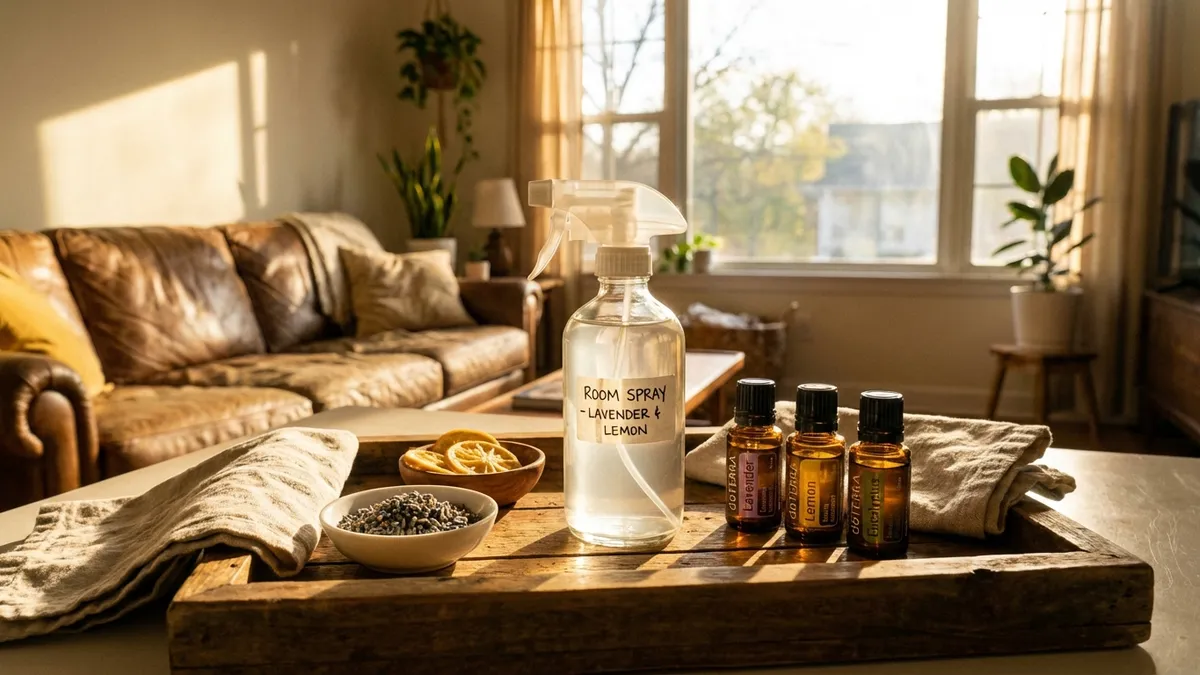 Essential oil diffuser and houseplant on a side table in a bright living room