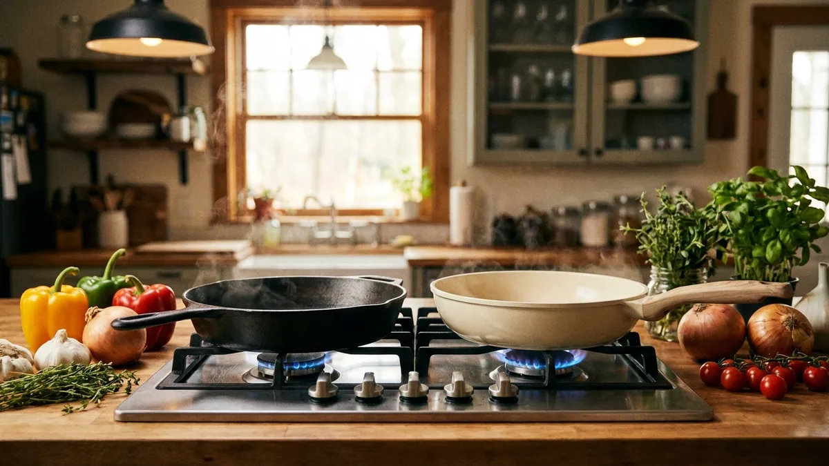 Cast iron and ceramic nonstick pans on a wooden kitchen counter with fresh vegetables