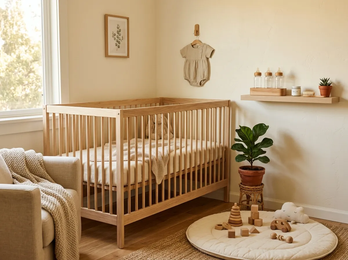 Organized non-toxic baby products on nursery shelves including glass bottles, organic bedding, and wooden toys