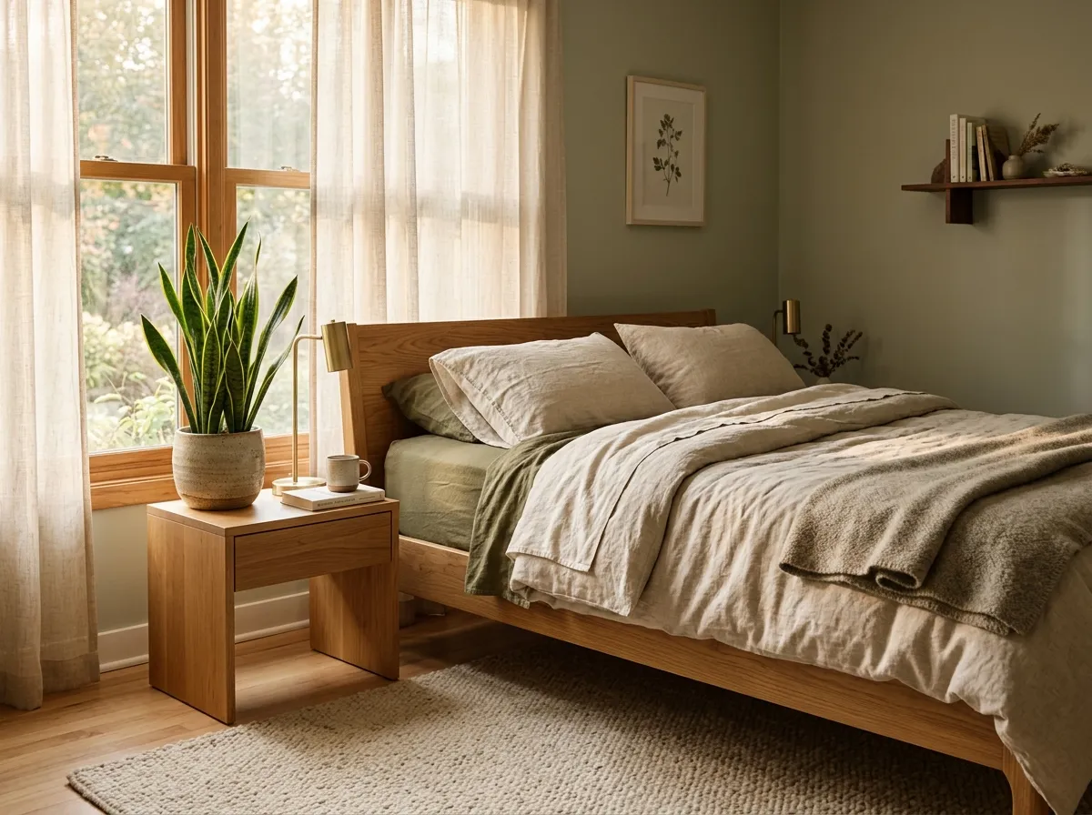 Bright, minimalist bedroom with organic bedding and houseplants