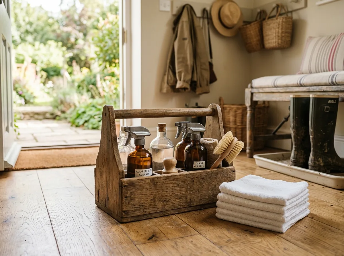 Non-toxic cleaning products and DIY ingredients on a kitchen counter