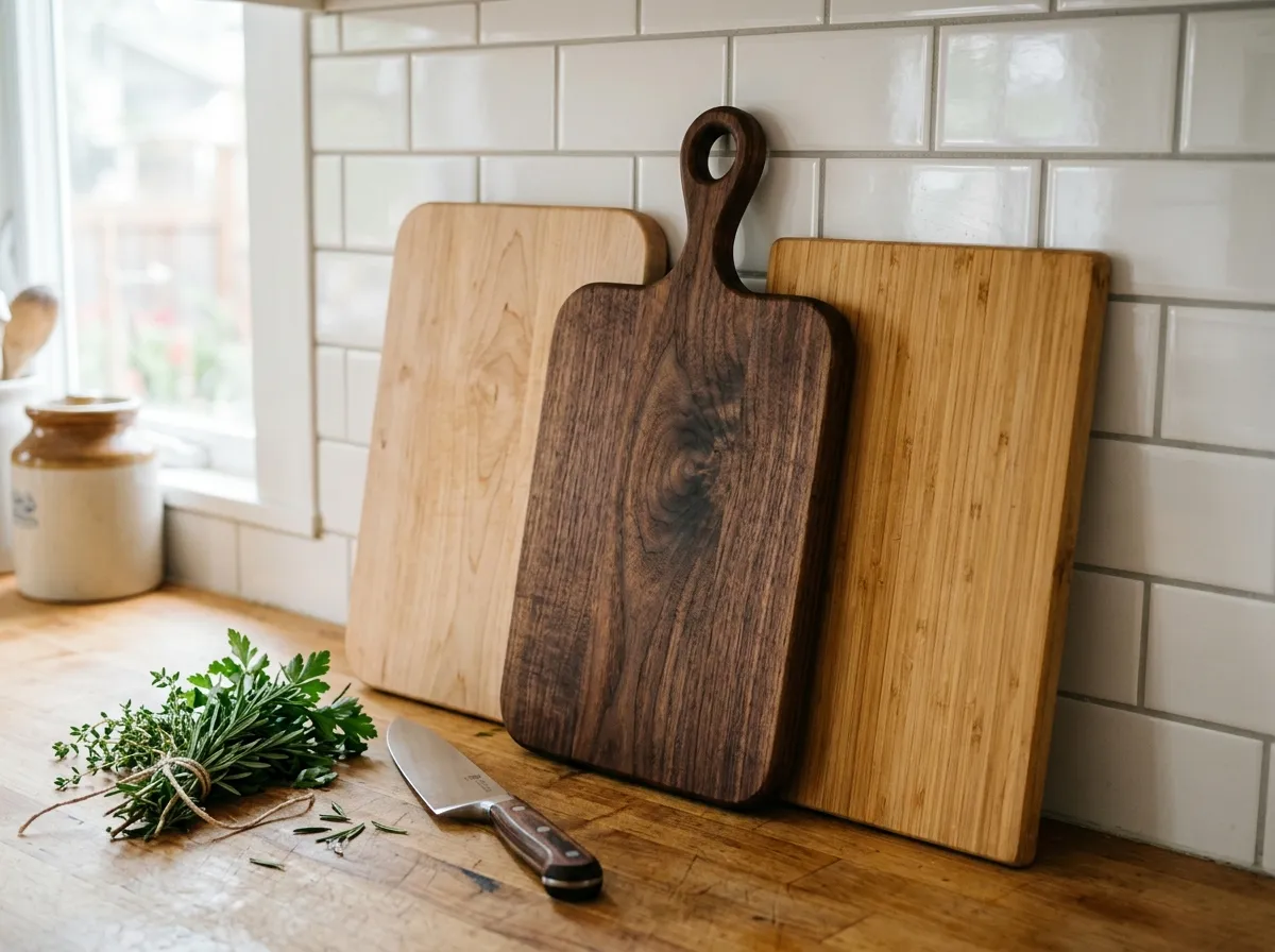 Wooden cutting boards on a kitchen counter with fresh vegetables