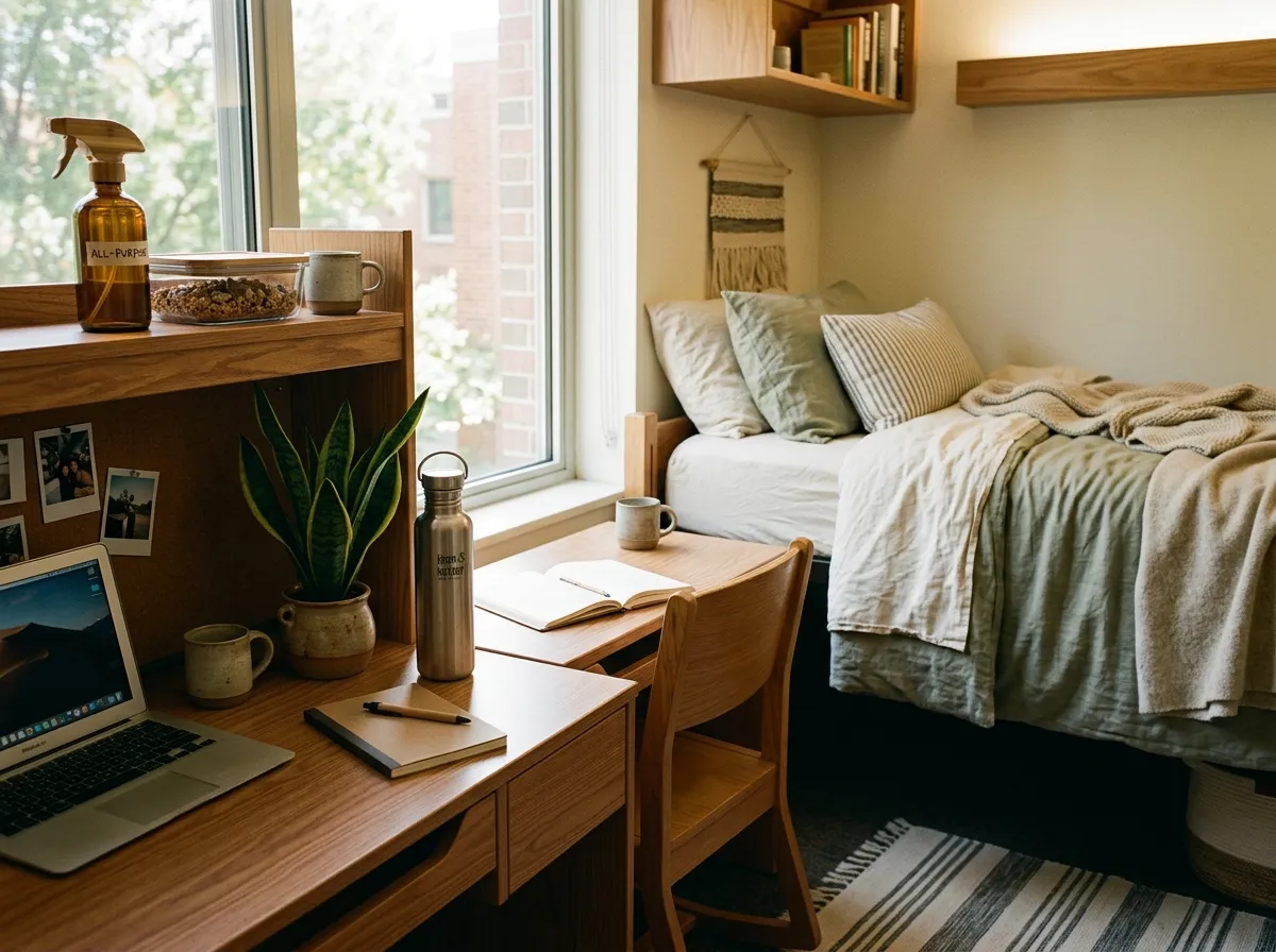 Clean college dorm room with natural bedding and a small air purifier on the desk