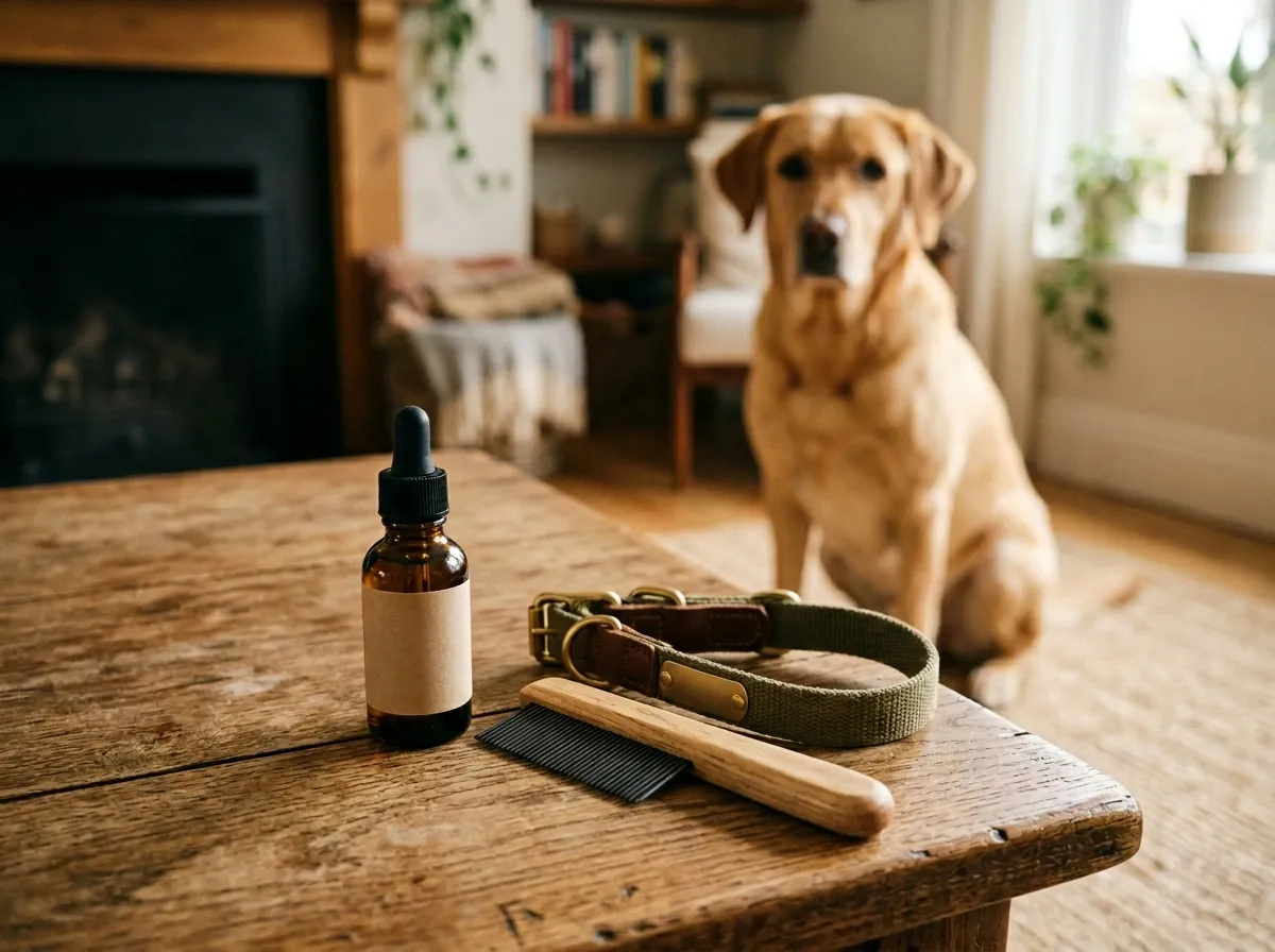 Dog in a garden with natural flea prevention products nearby