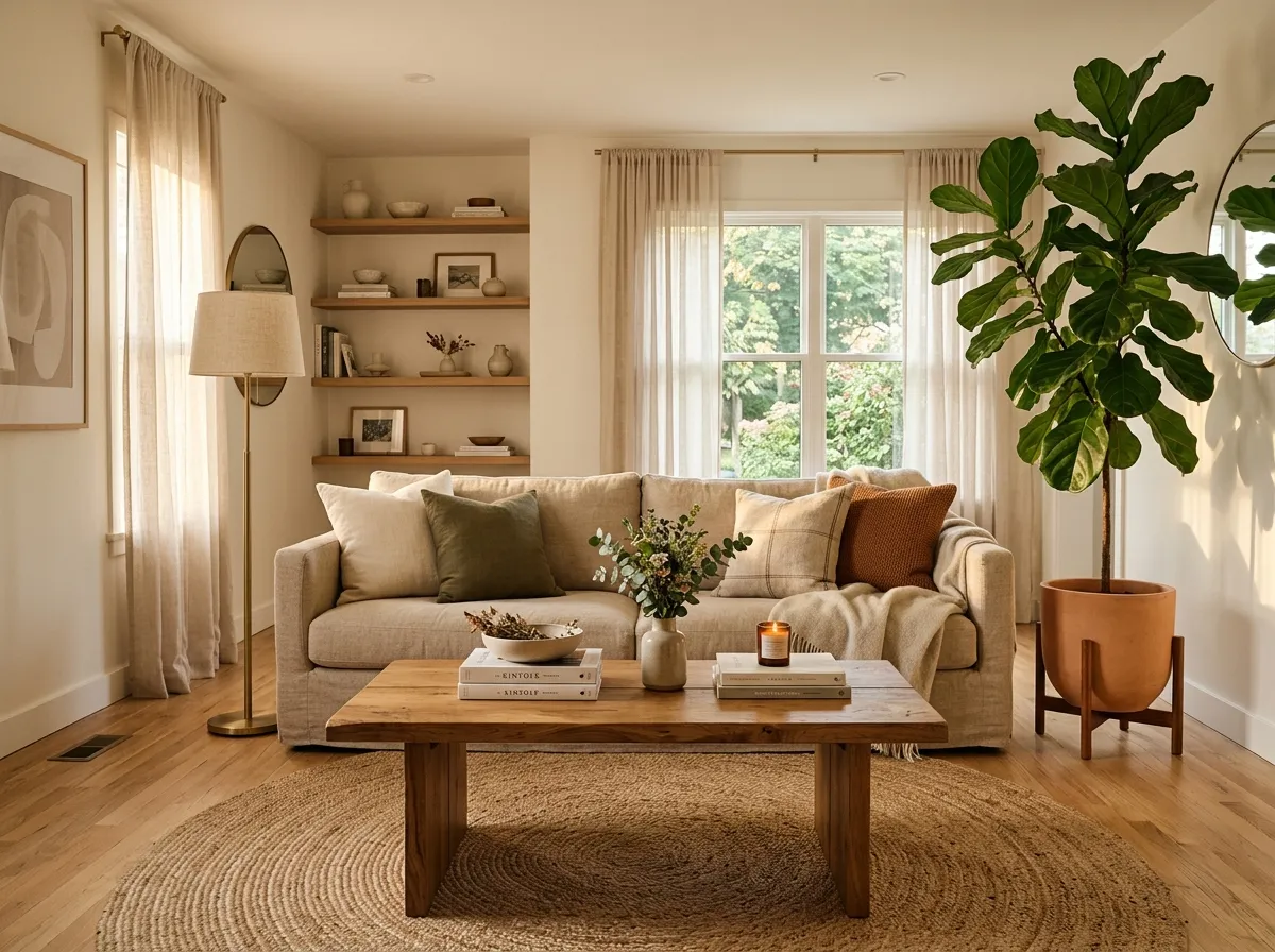 Large sectional sofa in a living room setting with engineered wood side table
